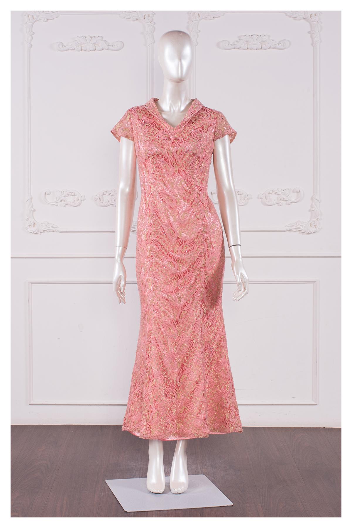 珊瑚粉蕾絲旗袍禮服